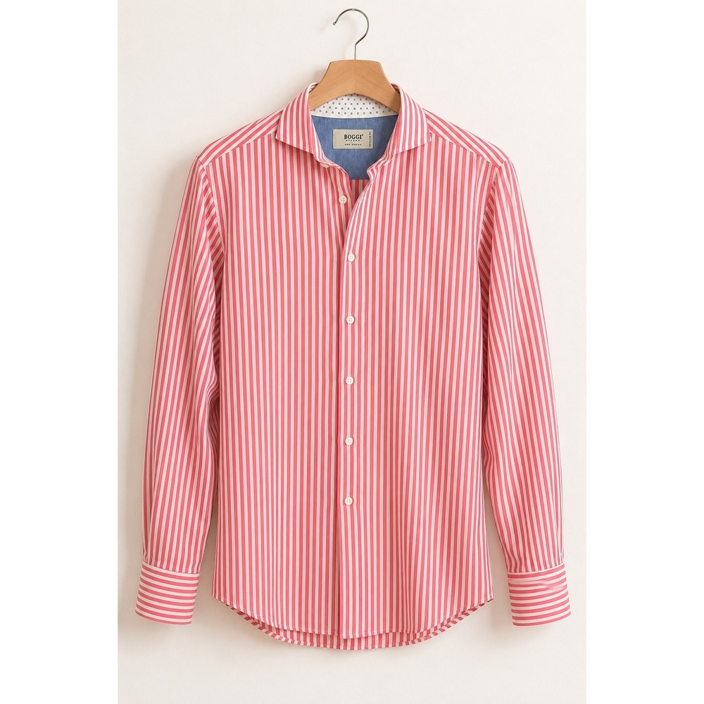 Boggi Milano Mens Pink White Striped Spread Collar Button Down New Classic Shirt